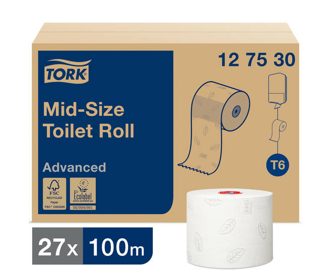 Tork Mid-size Toiletpapier Advanced 2-laags wit compact, 27x100m, per doos