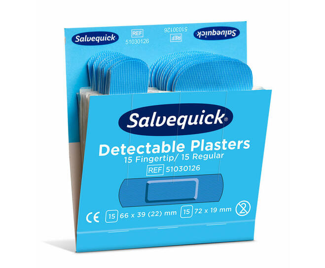 Salvequick Blue Detectable 30 pleisters op kaart (66x39mm en 72x19mm) 6st/doos