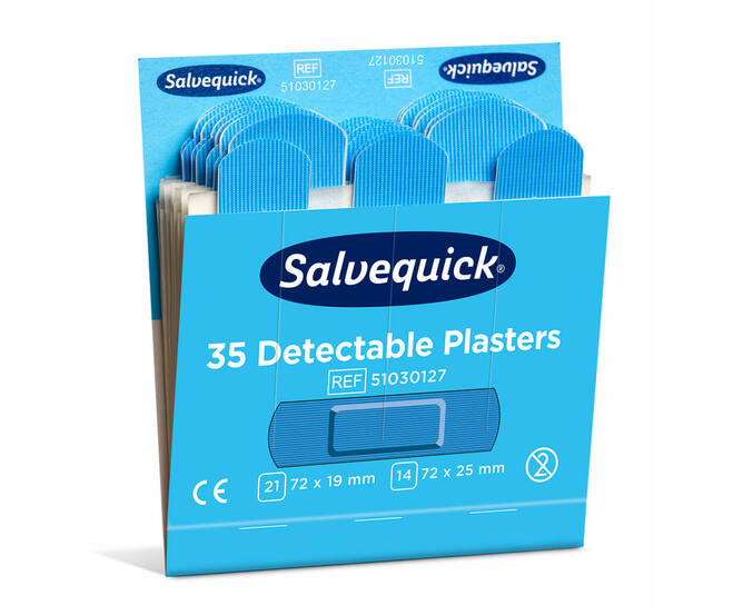 Salvequick Blue Detectable 35 pleisters op kaart (72x19mm en 72x25mm) 6st/doos