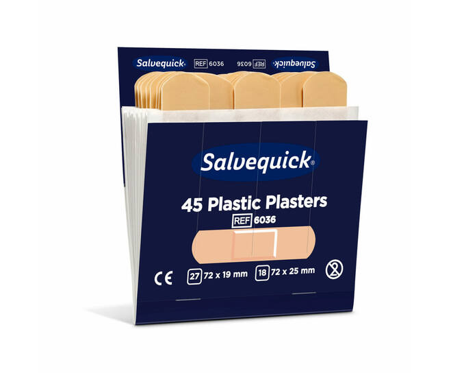 Salvequick Plastic 45 pleisters op kaart (72x19mm en 72x25mm) 6st/doos