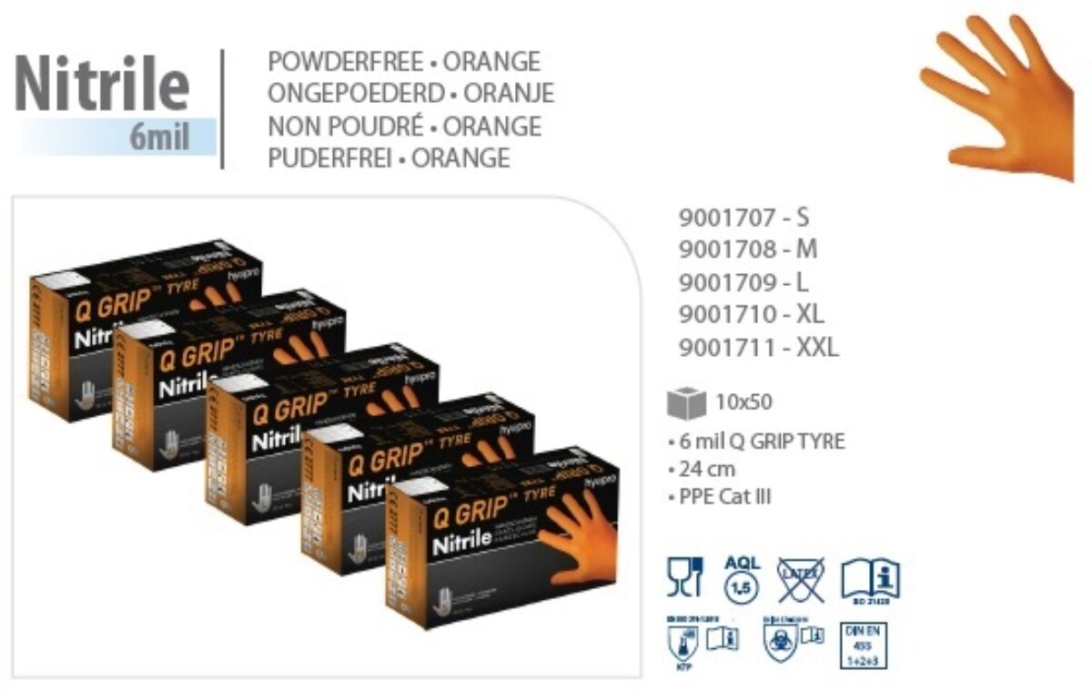Nitril handschoenen 2XL oranje ongepoederd Q Grip Tyre 10x50st. HY@PRO