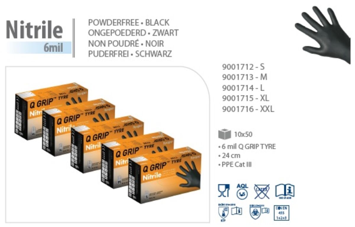 Nitril handschoenen zwart ongepoederd Q Grip Tyre 10x50st. HY@PRO