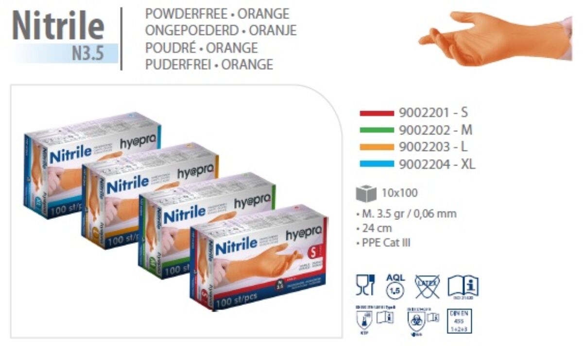 Nitril handschoenen oranje ongepoederd M3,5 10x100st HY@PRO