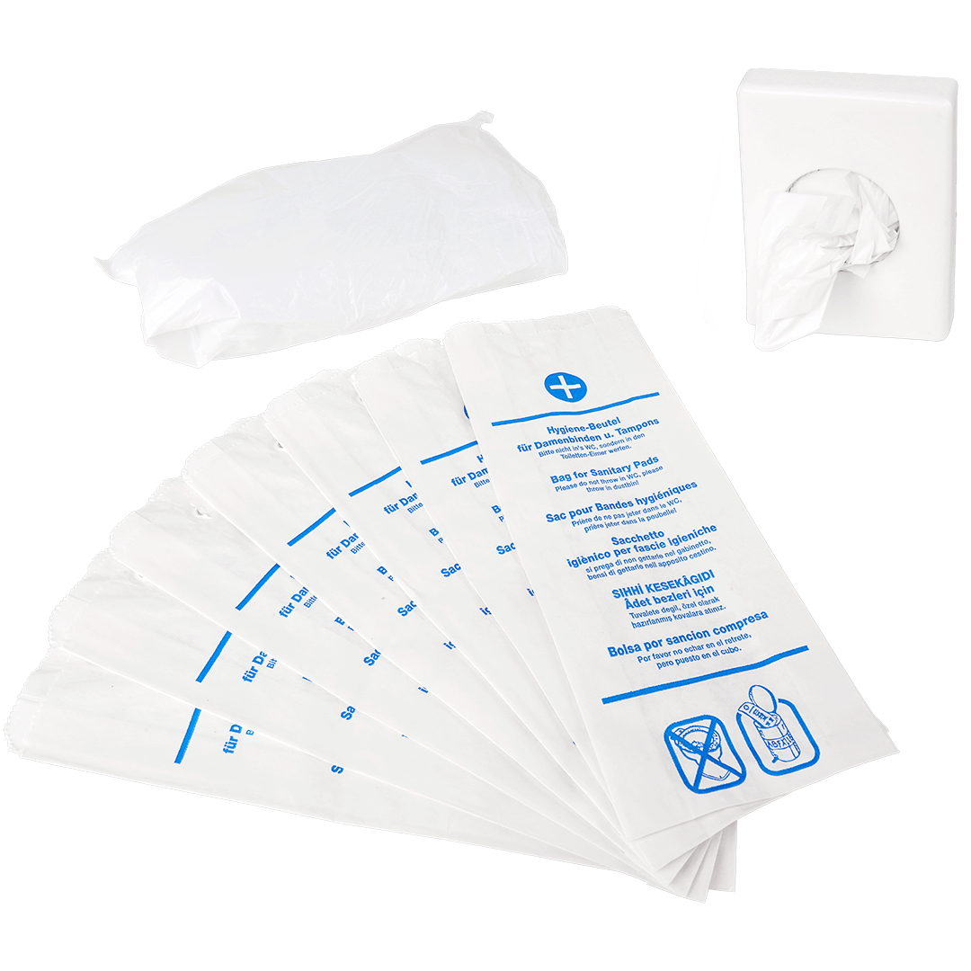HDPE-Hygienebeutel weiß, 80 + 60 x 250 mm 50 Boxen à 30 Stck