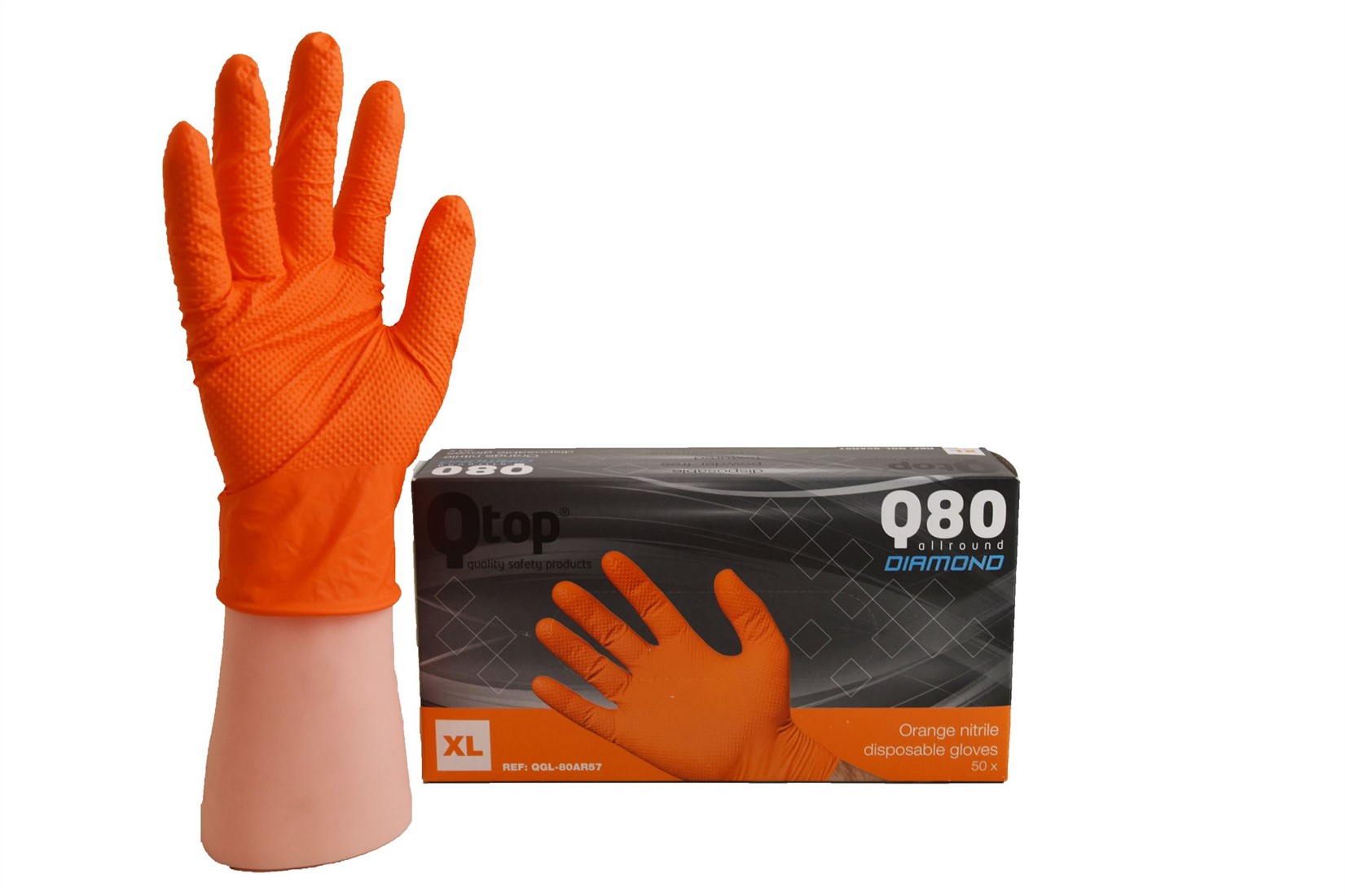 Q-TOP® Q80 handschoen nitril 8gr Diamond oranje Ongepoederd doos 10 x 50st